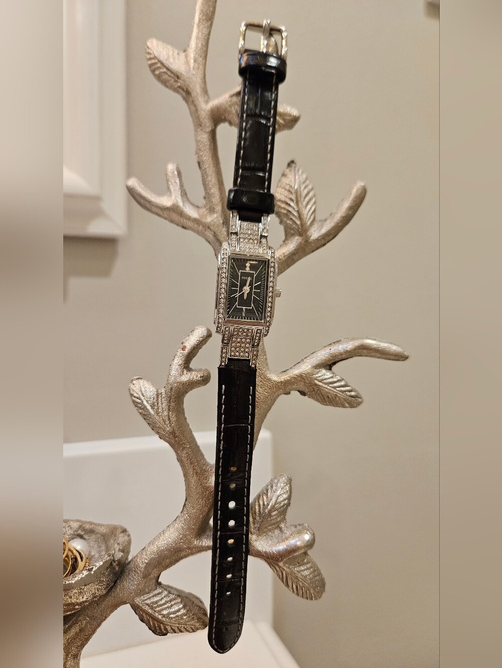 Fossil Black Leather Strap Crystal-Embellished Rectangular Watch